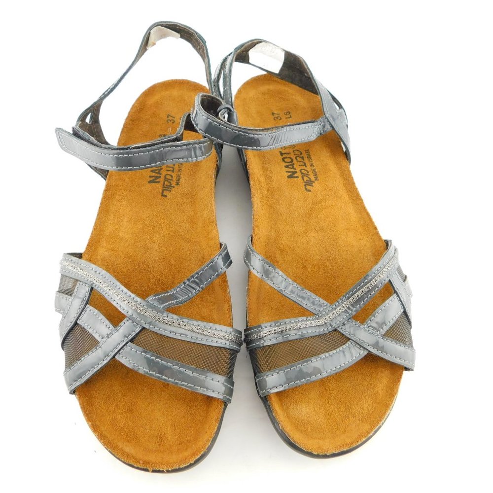 NAOT Gray Pewter Patent Leather Ankle Strap Sandals  37 / 6